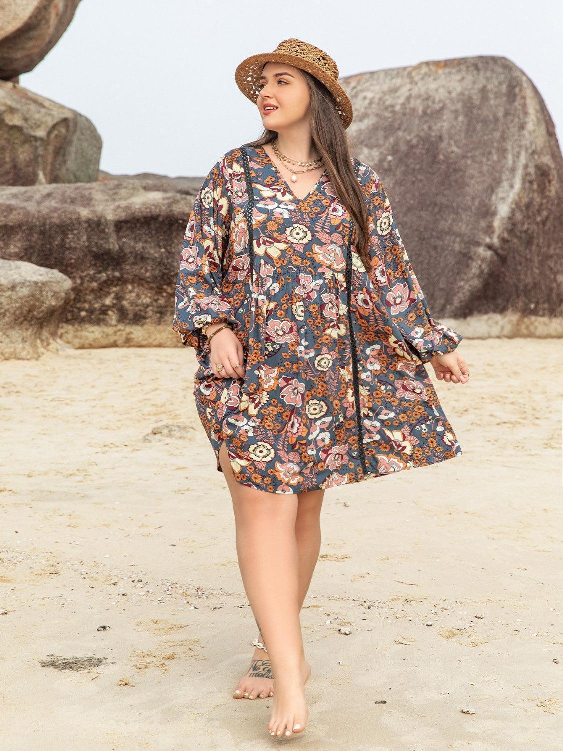 Plus Size Printed V-Neck Balloon Sleeve Mini Dress - ClubOn