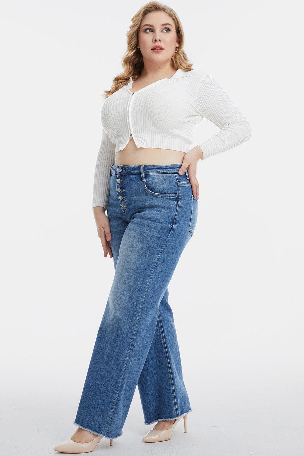 BAYEAS Full Size High Waist Button-Fly Raw Hem Wide Leg Jeans - ClubOn