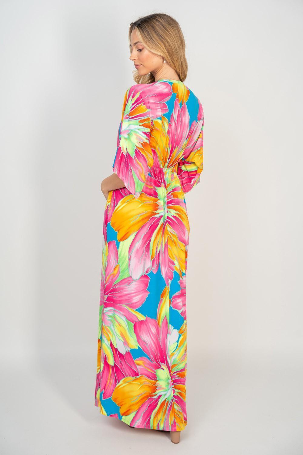 White Birch Printed V-Neck Maxi Dress with Pockets - ClubOn