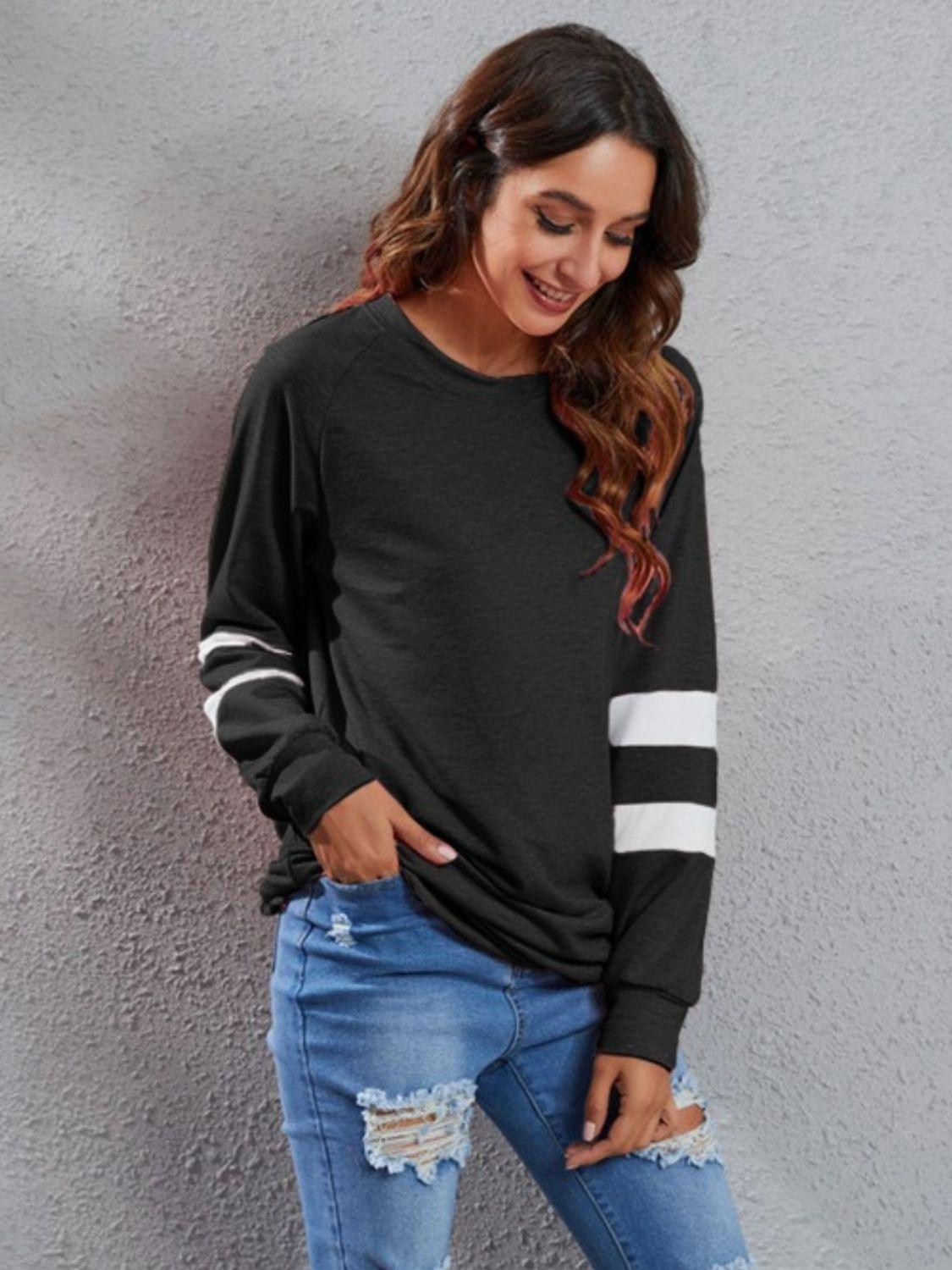 Full Size Striped Round Neck Long Sleeve T-Shirt - ClubOn