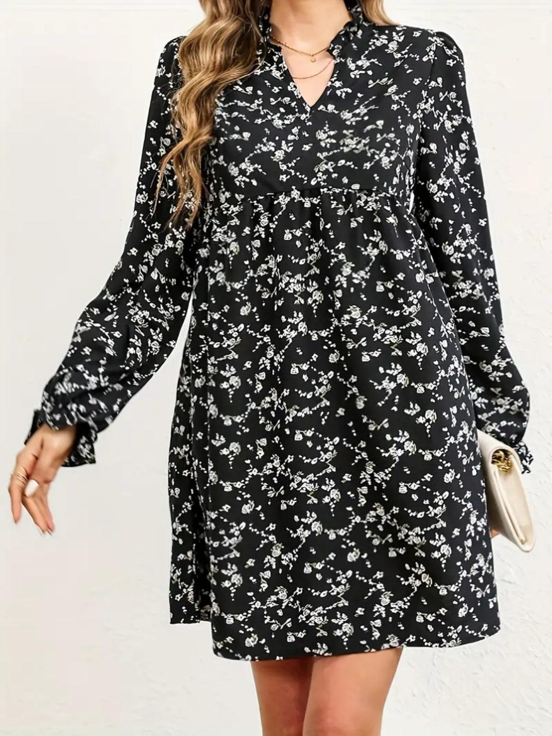 Ditsy Floral Notched Flounce Sleeve Dress - ClubOn
