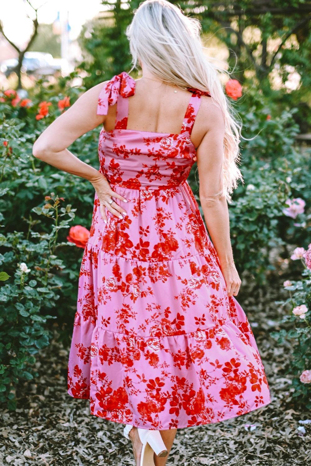 Tied Printed Sleeveless Tiered Dress - ClubOn