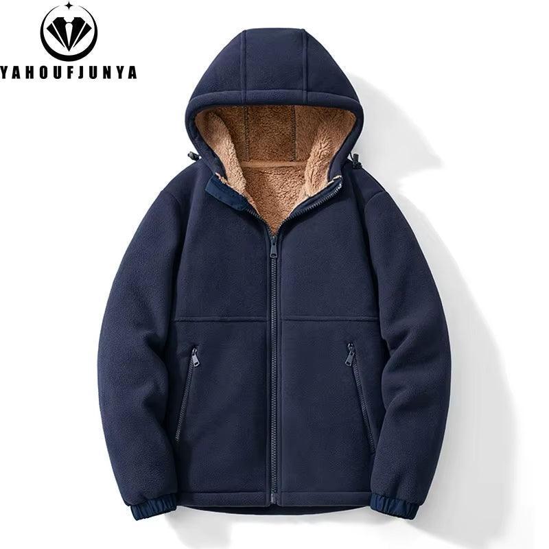 Men’s Winter Fleece Hooded Jacket – Solid Color Zipper Casual Coat - ClubOn