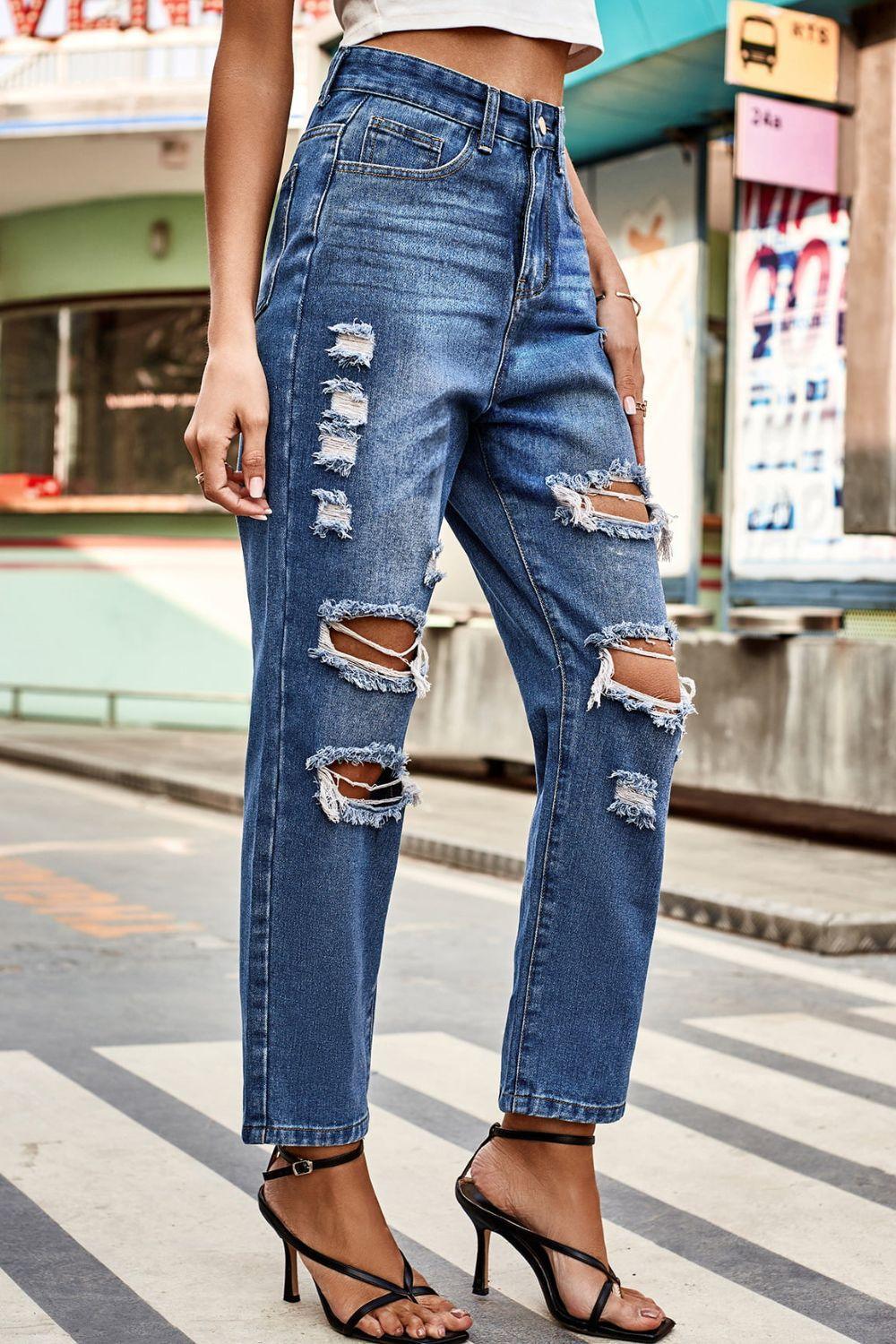 Distressed High Waist Straight Jeans - ClubOn