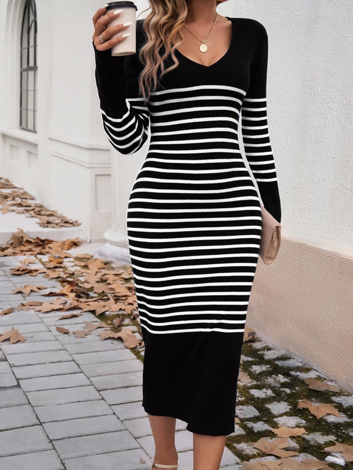 Devine Striped V-Neck Long Sleeve Sweater Dress - ClubOn