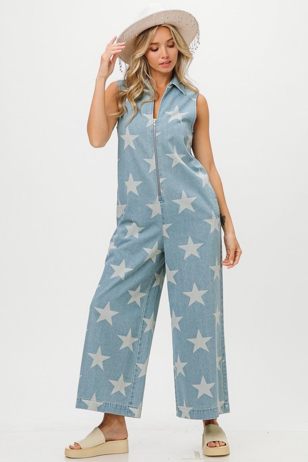 BiBi Star Print Half Zip Sleeveless Denim Jumpsuit - ClubOn