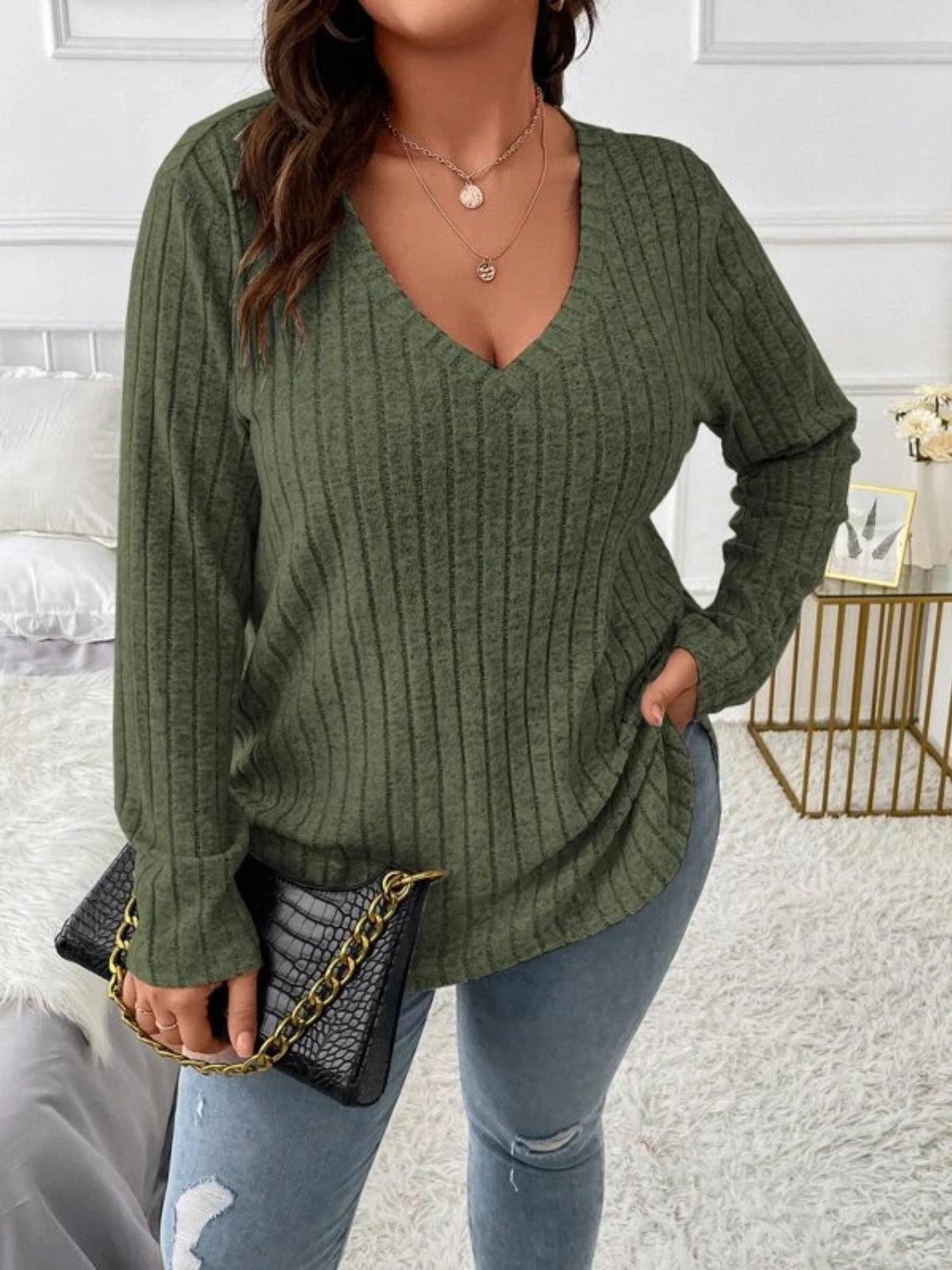 Plus Size V-Neck Long Sleeve T-Shirt - ClubOn