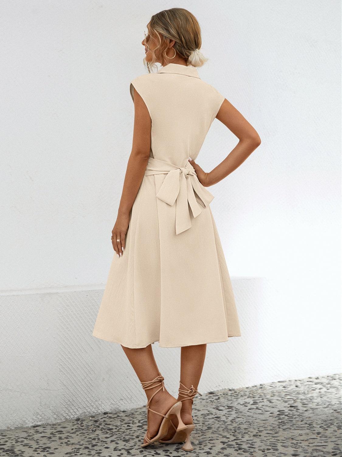 Button Up Cap Sleeve Midi Dress - ClubOn