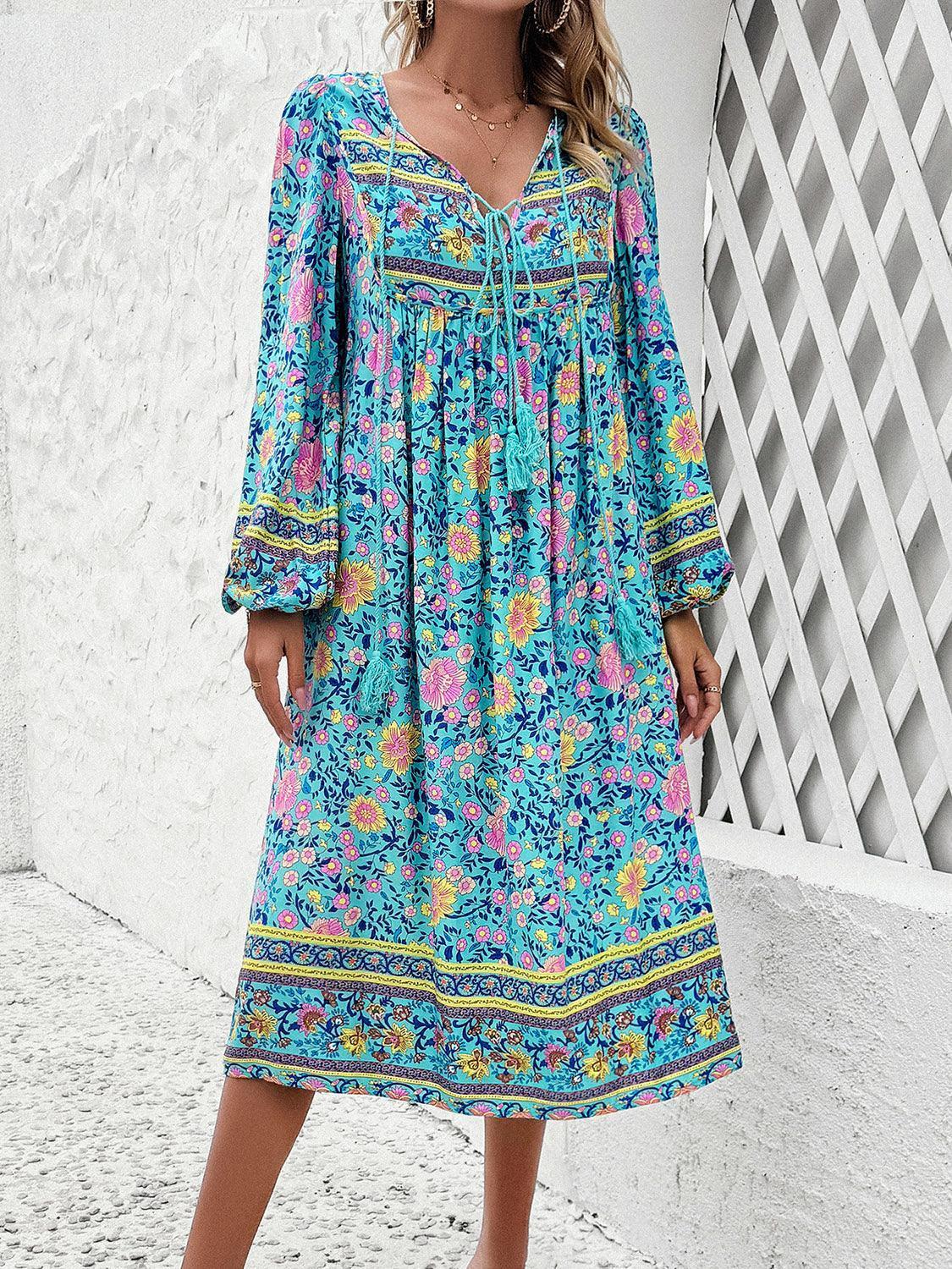 Devine Tassel Tied Printed Long Sleeve Dress - ClubOn