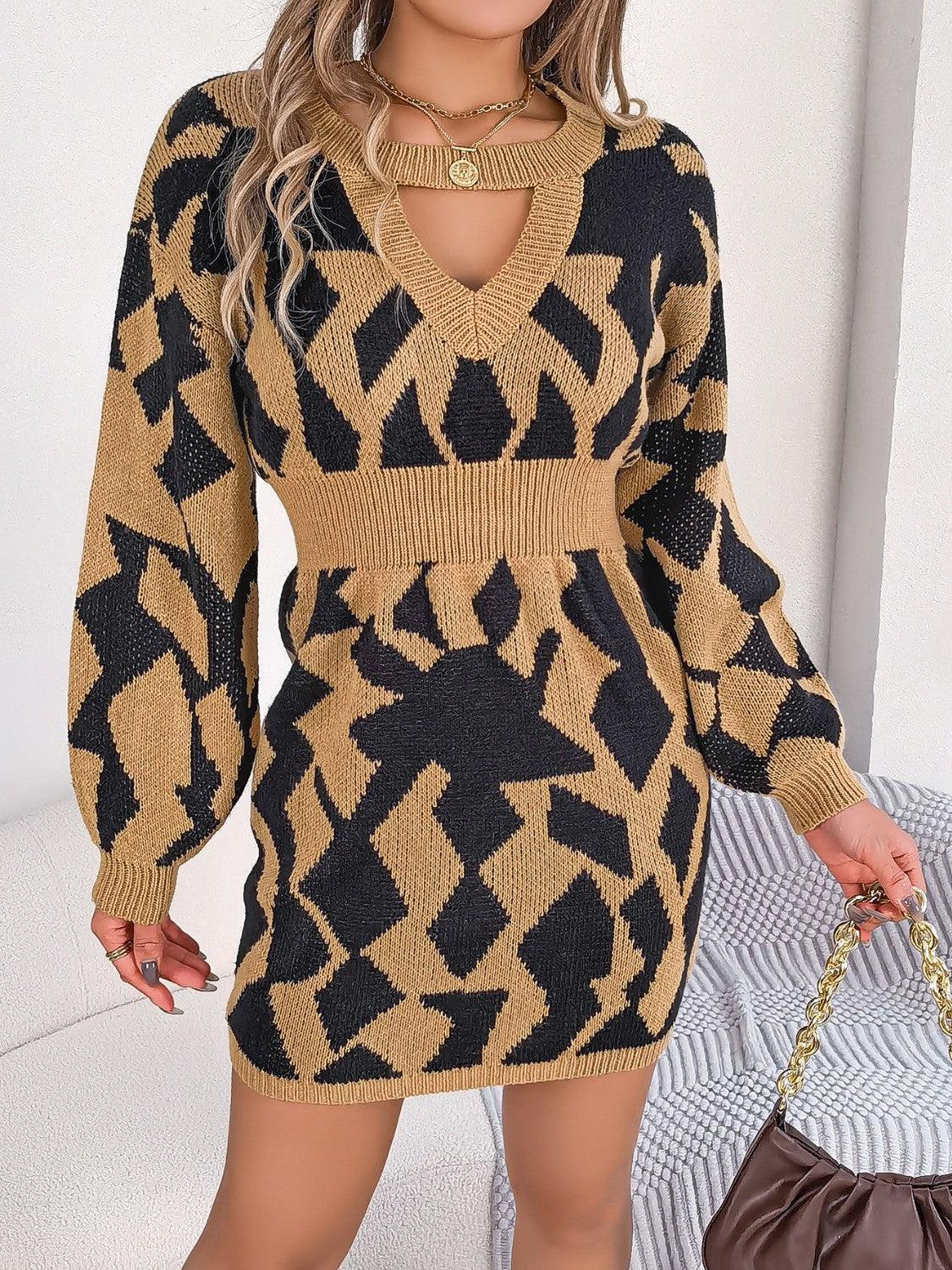 Contrast Round Neck Cutout Long Sleeve Mini Sweater Dress - ClubOn