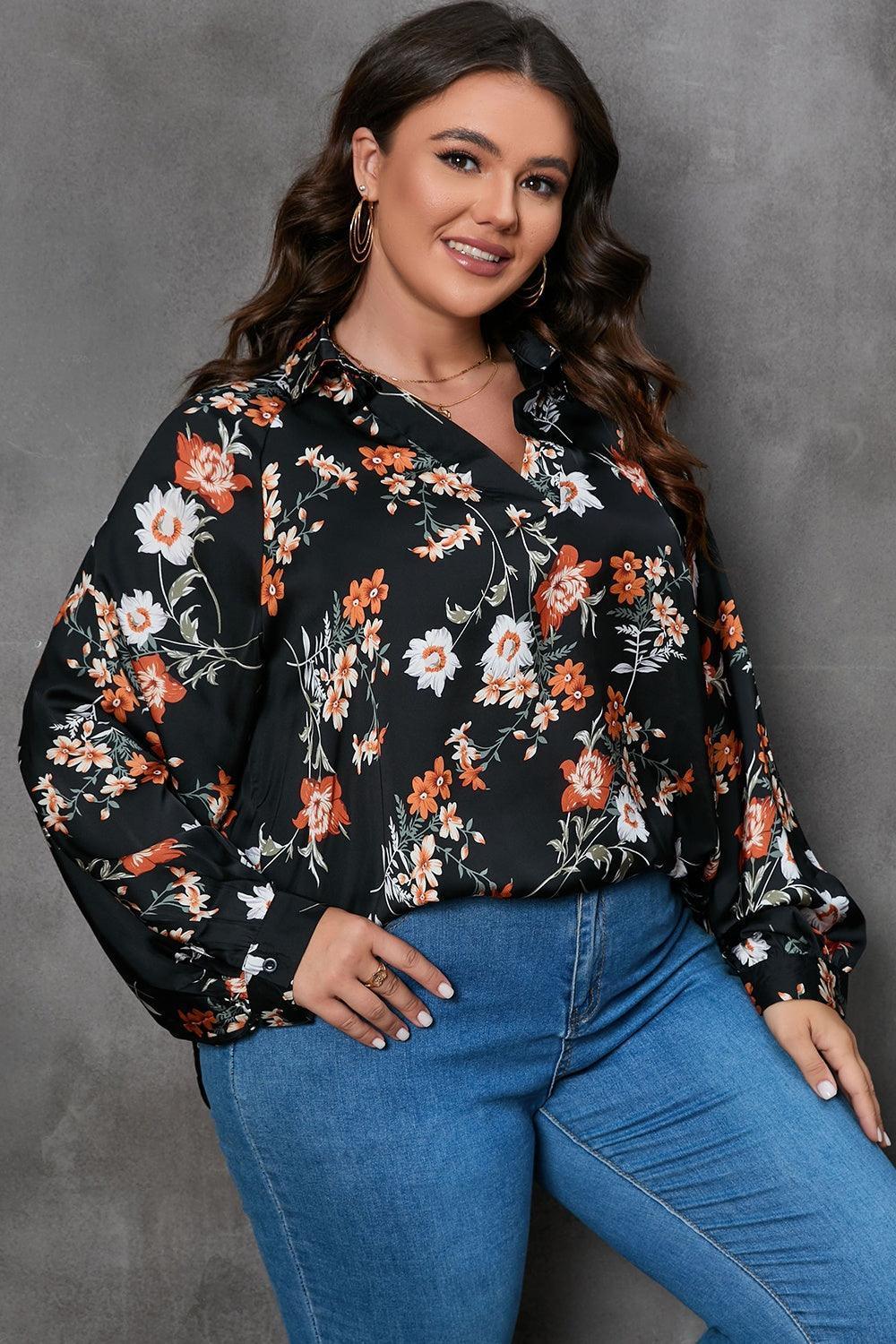 Plus Size Printed Johnny Collar Long Sleeve Blouse - ClubOn