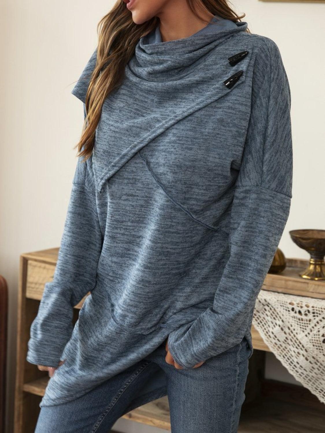 Asymmetrical Hem Cowl Neck Long Sleeve T-Shirt - ClubOn