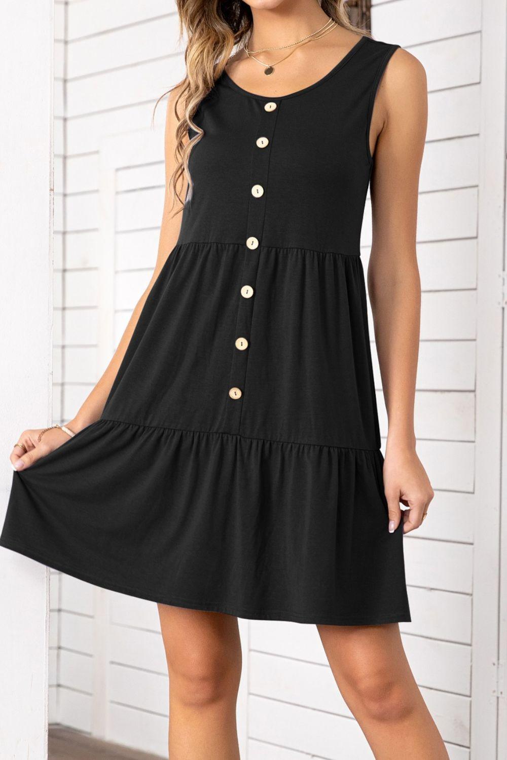Decorative Button Scoop Neck Sleeveless Tiered Dress - ClubOn
