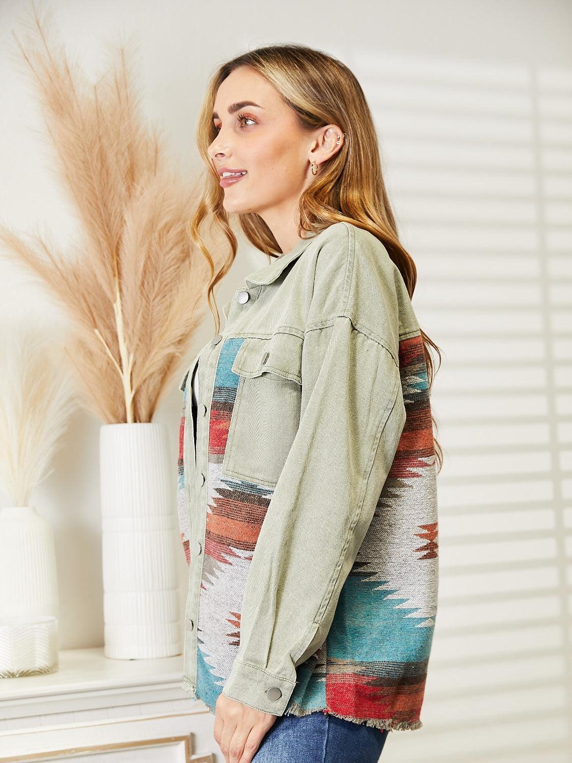 Dropped Shoulder Long Sleeve Printed Denim Jacket - ClubOn