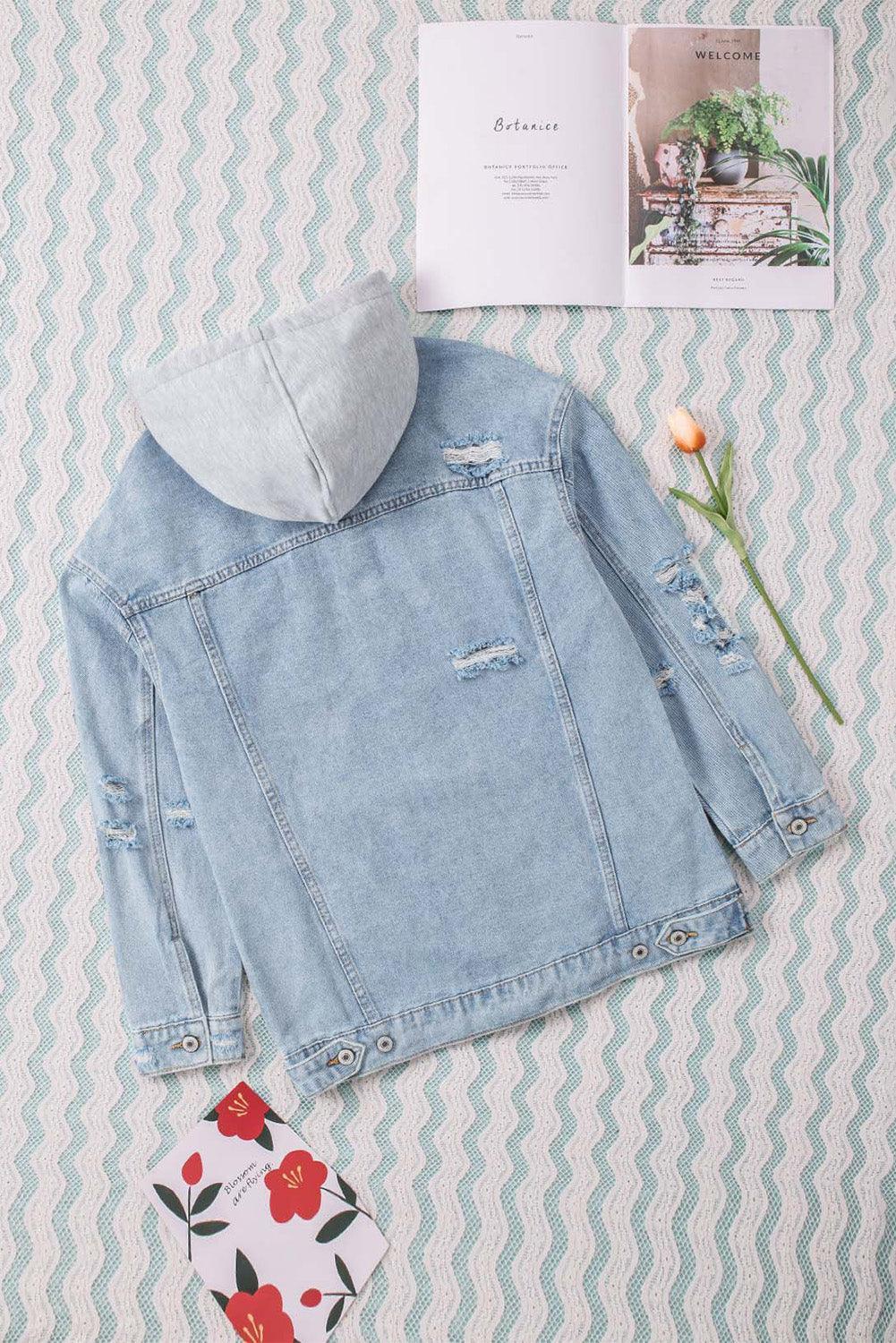 Distressed Hooded Denim Jacket - ClubOn