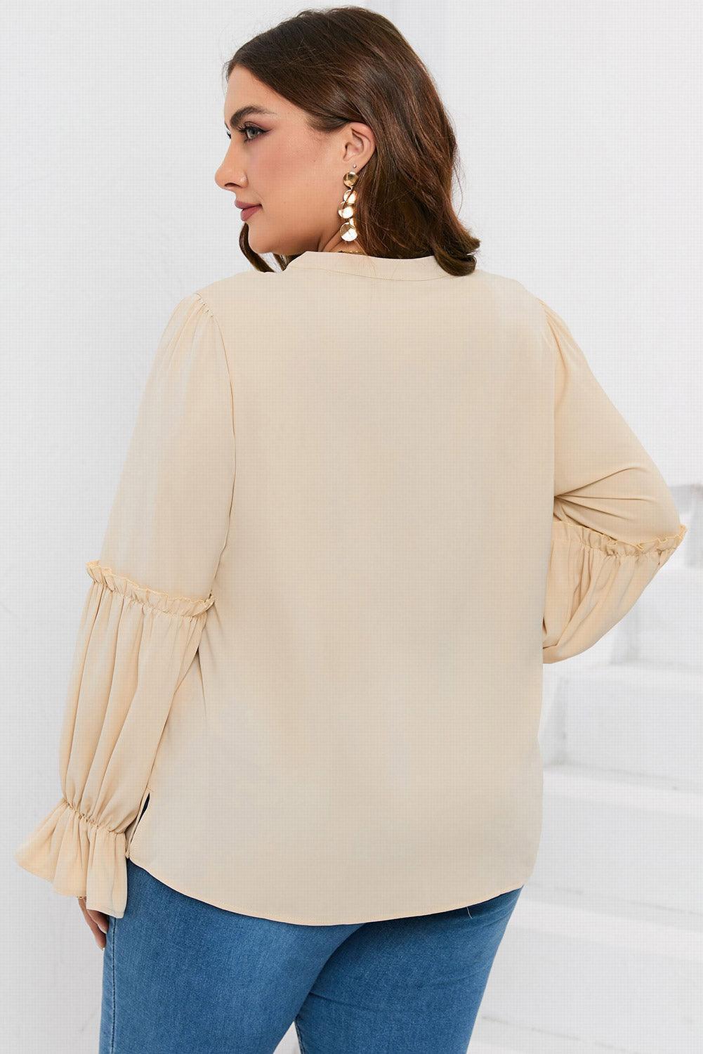 Plus Size Ruffled Tie Neck Flounce Sleeve Blouse - ClubOn