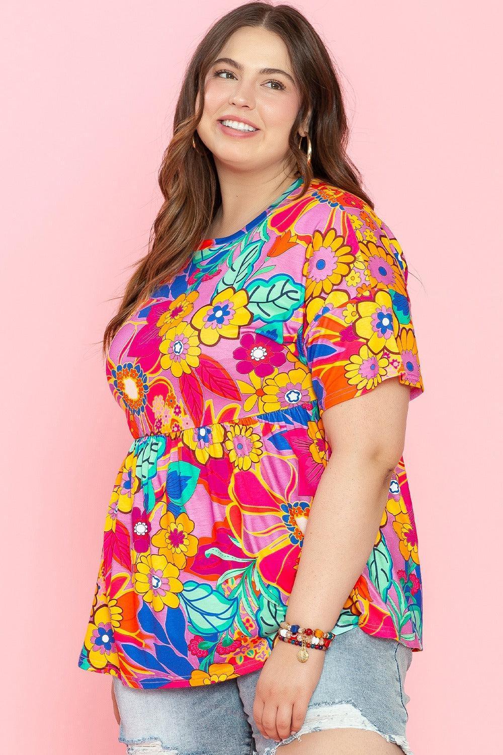 Plus Size Printed Round Neck Short Sleeve Top - ClubOn