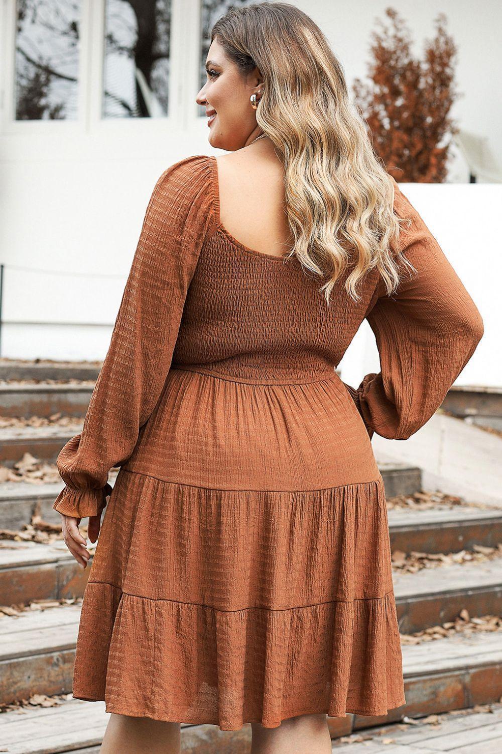 Plus Size Smocked Square Neck Tiered Dress - ClubOn