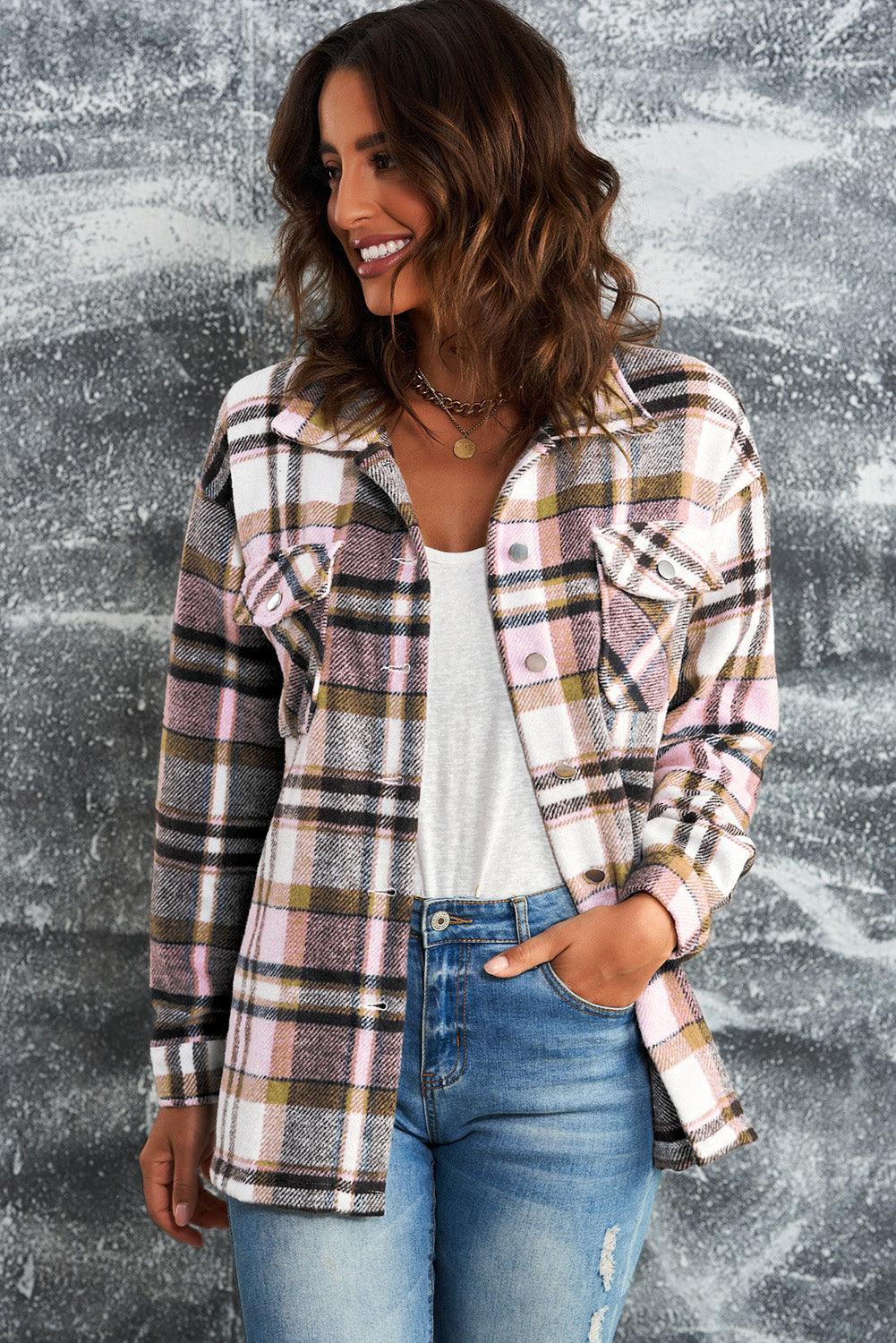 Double Take Plaid Button Front Shirt Jacket with Breast Pockets - ClubOn