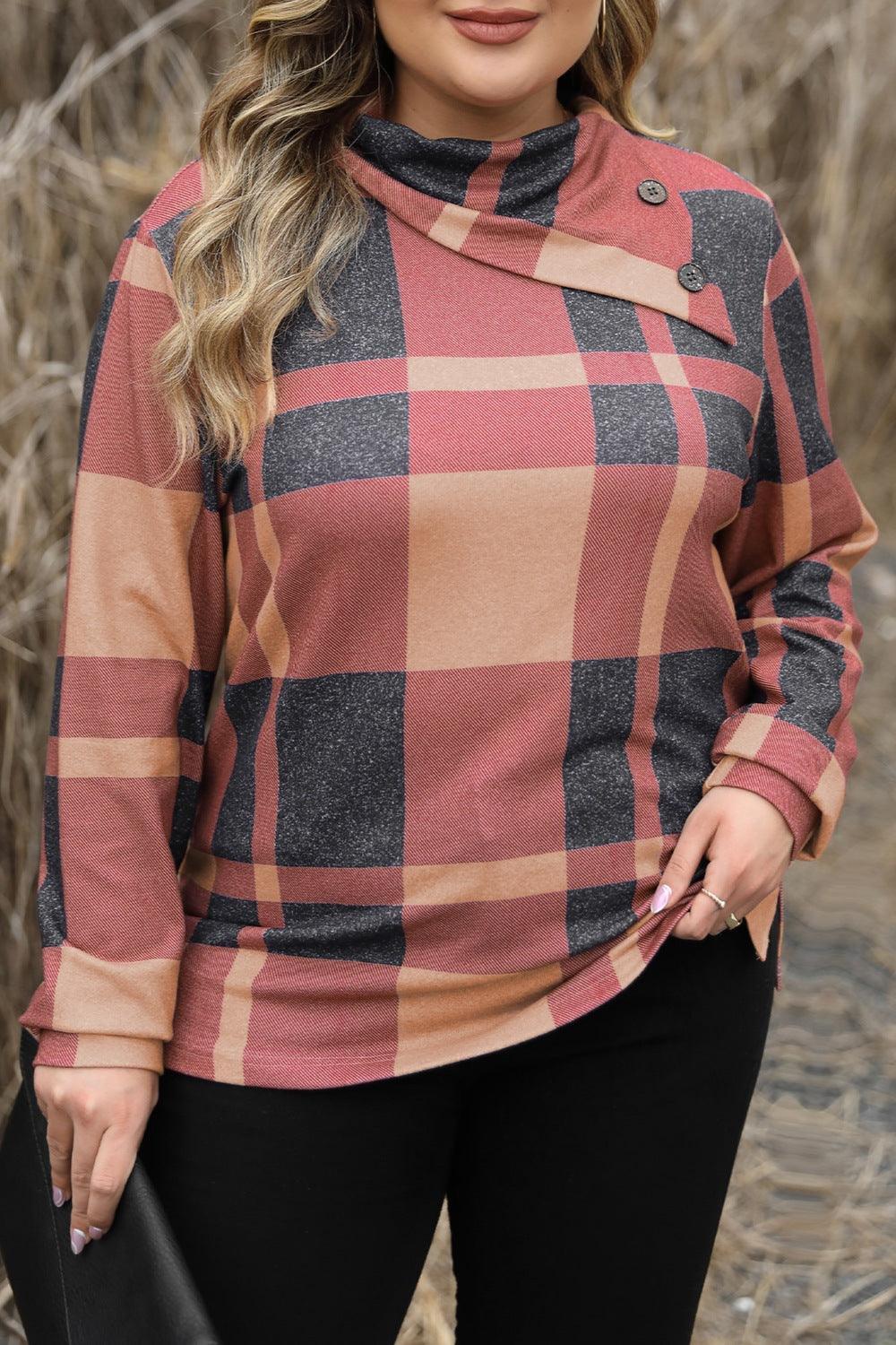 Plus Size Plaid Cowl Neck Long Sleeve Sweatshirt - ClubOn