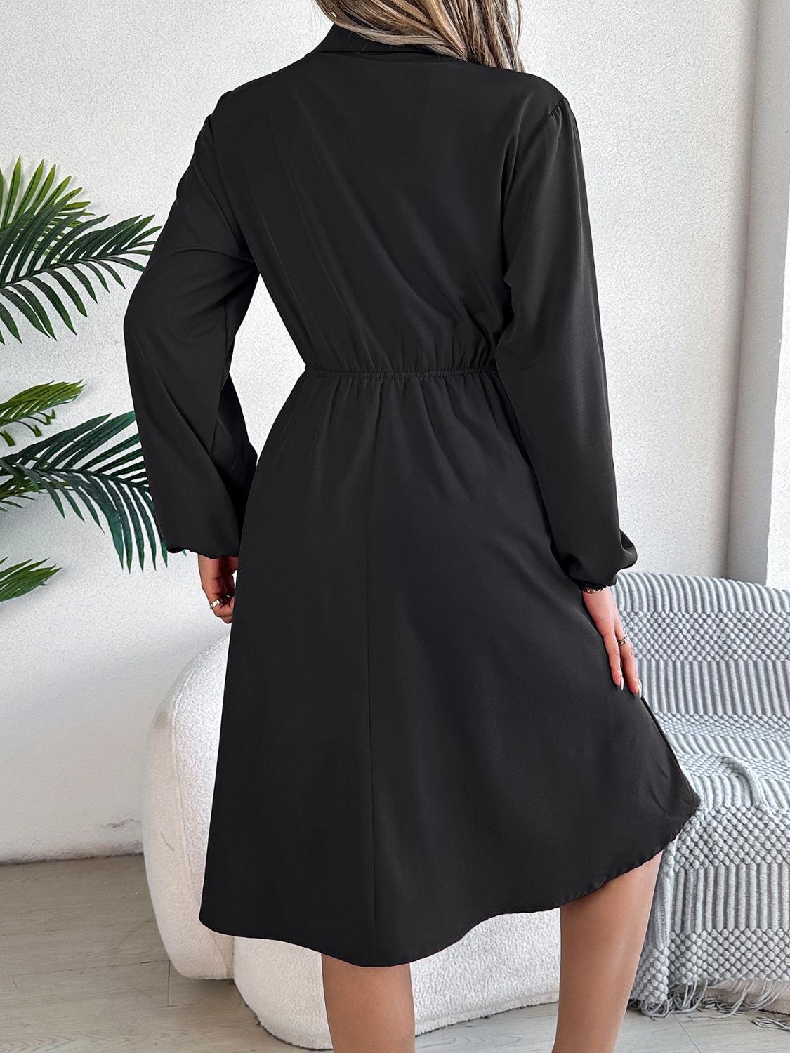 Collared Neck Long Sleeve Dress with Pockets - ClubOn