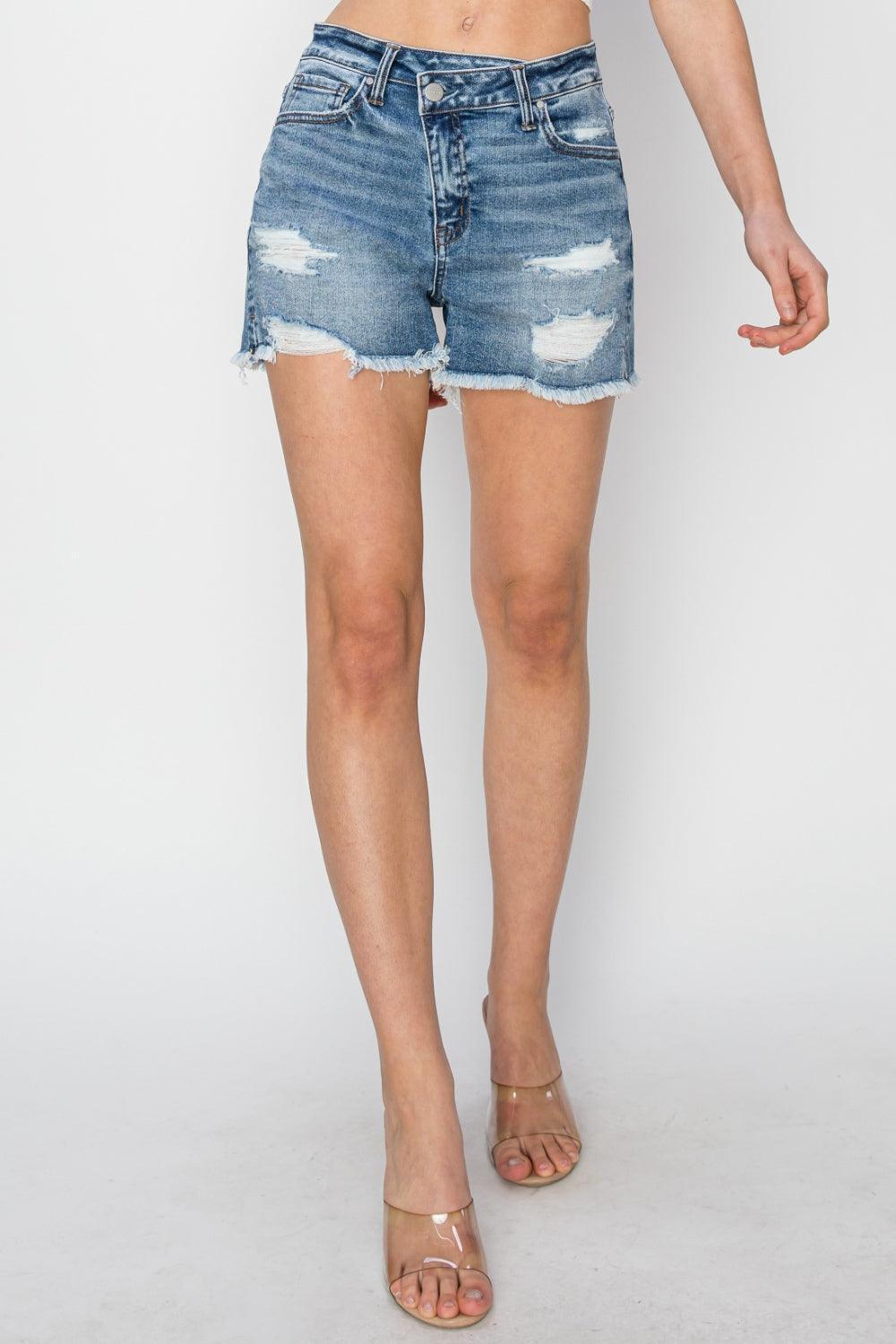RISEN Stepped Waist Frayed Denim Shorts - ClubOn