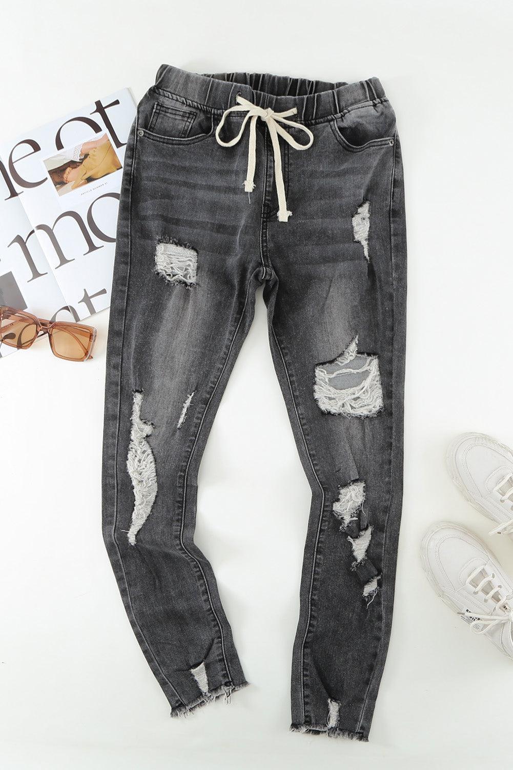 Drawstring Distressed Raw Hem Jeans with Pockets - ClubOn