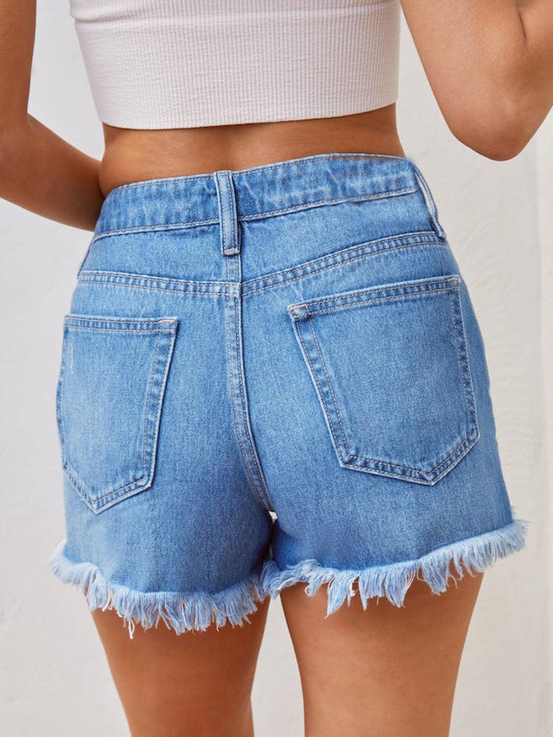 Distressed Raw Hem Denim Shorts - ClubOn