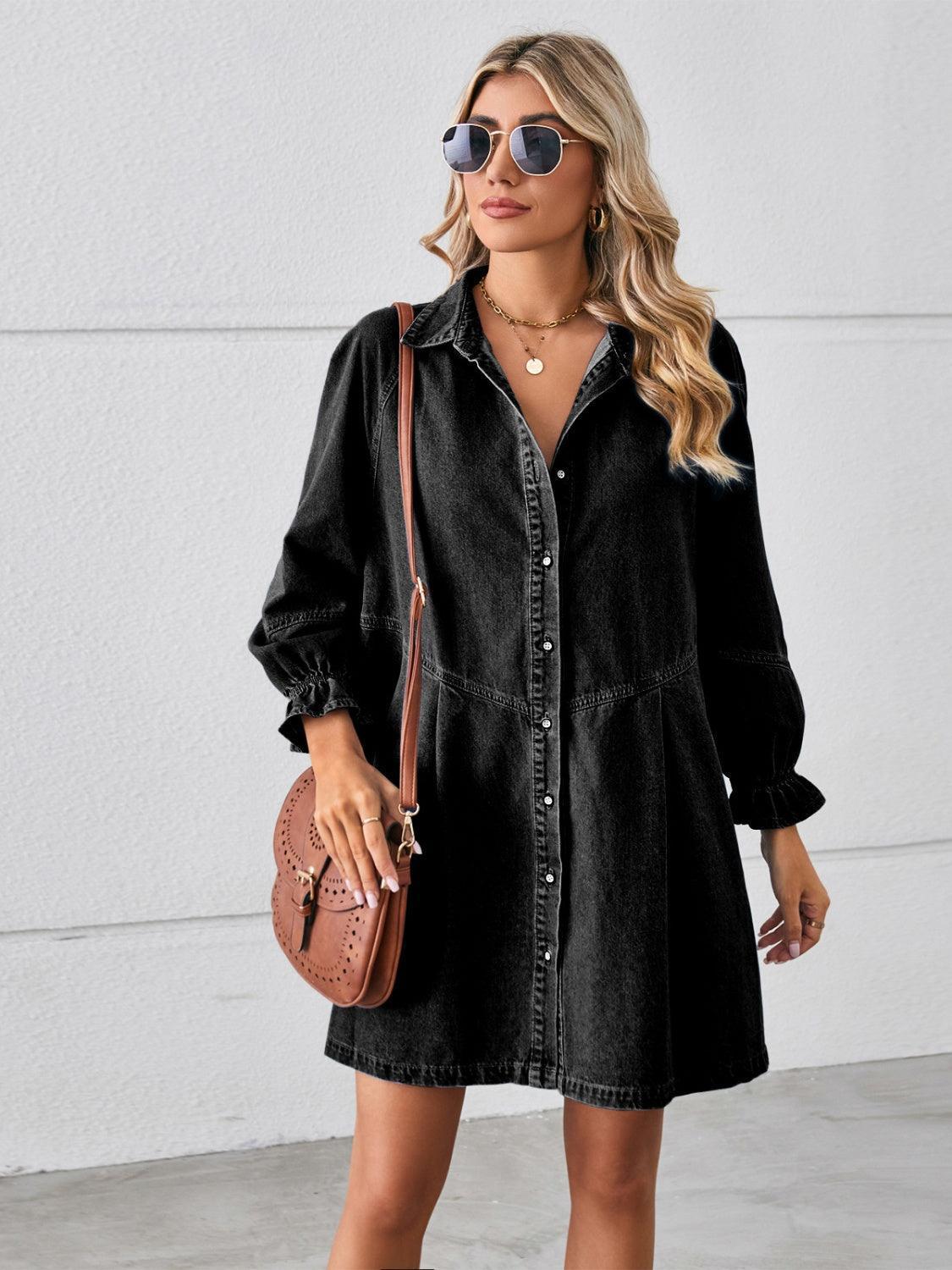 Button Up Flounce Sleeve Mini Denim Dress - ClubOn