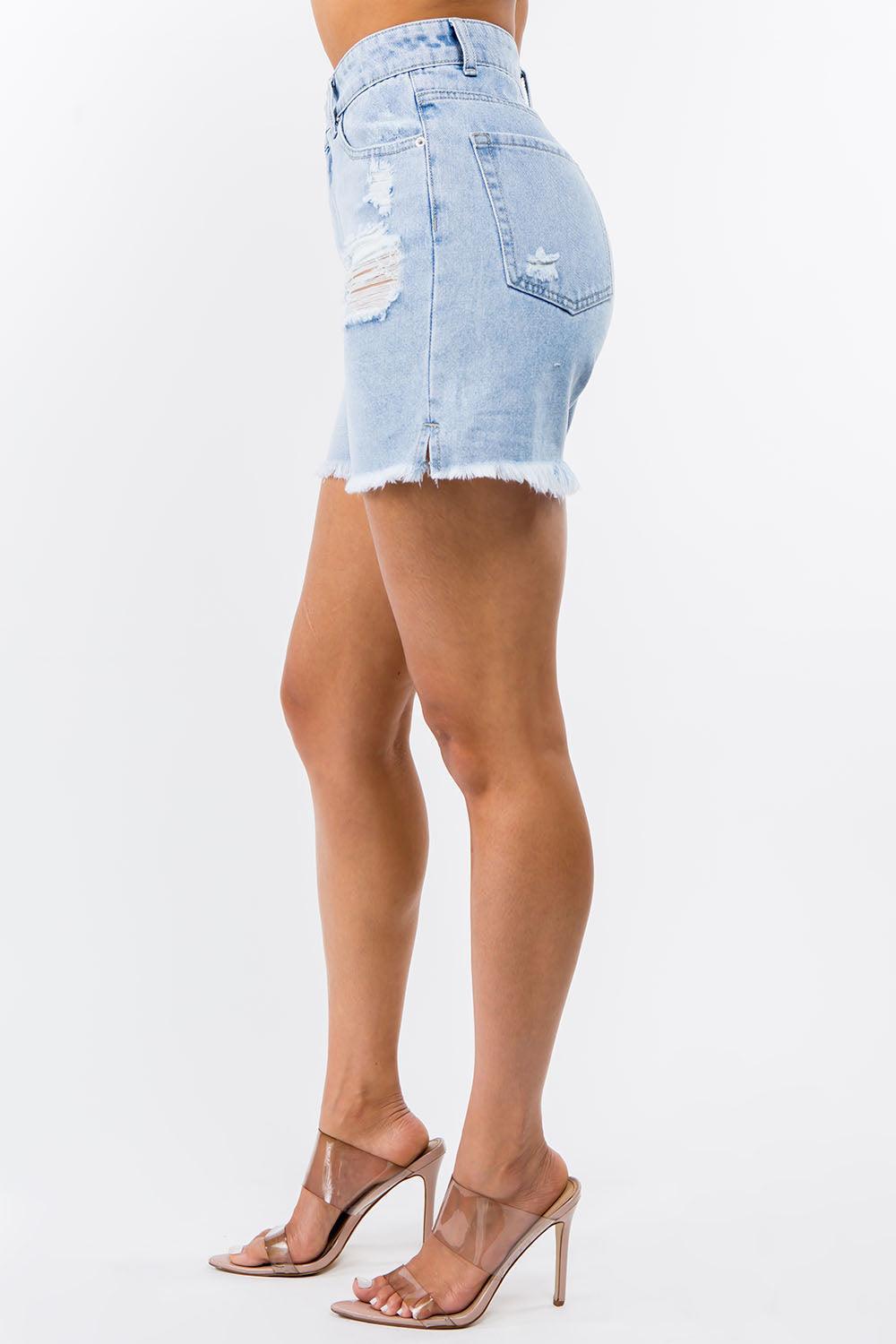 American Bazi High Waist Distressed Raw Hem Denim Shorts - ClubOn