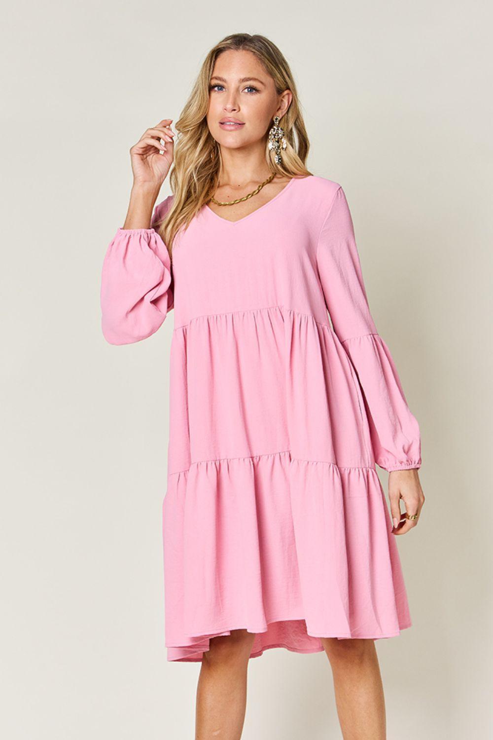 Double Take Full Size V-Neck Balloon Sleeve Tiered Dress with Pockets - ClubOn