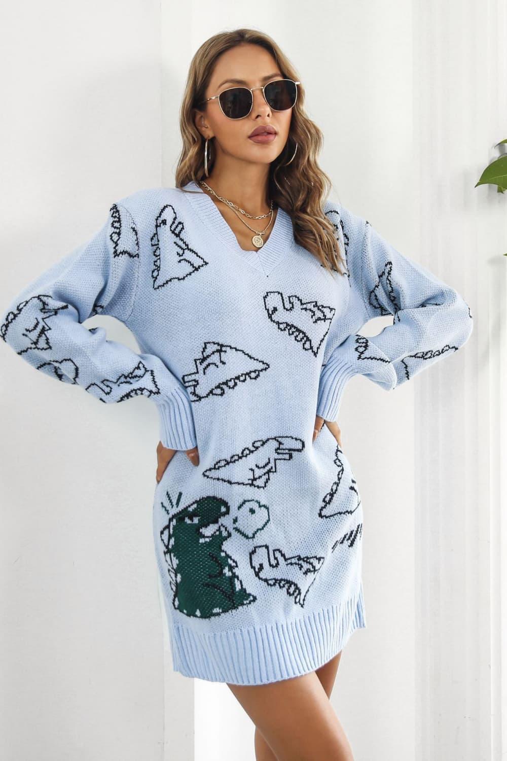 Dinosaur Pattern V-Neck Sweater Dress - ClubOn