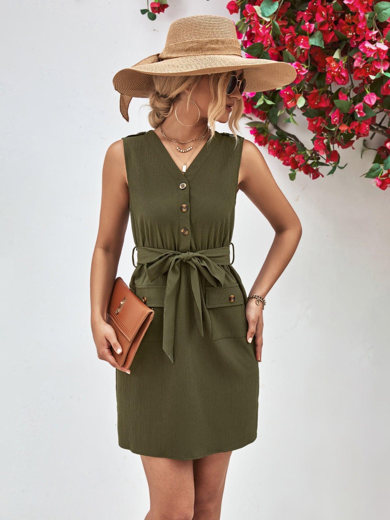 Buttoned V-Neck Belted Sleeveless Dress - ClubOn