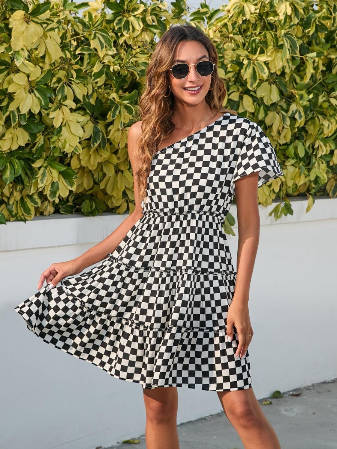 Checkered Single Shoulder Mini Dress - ClubOn