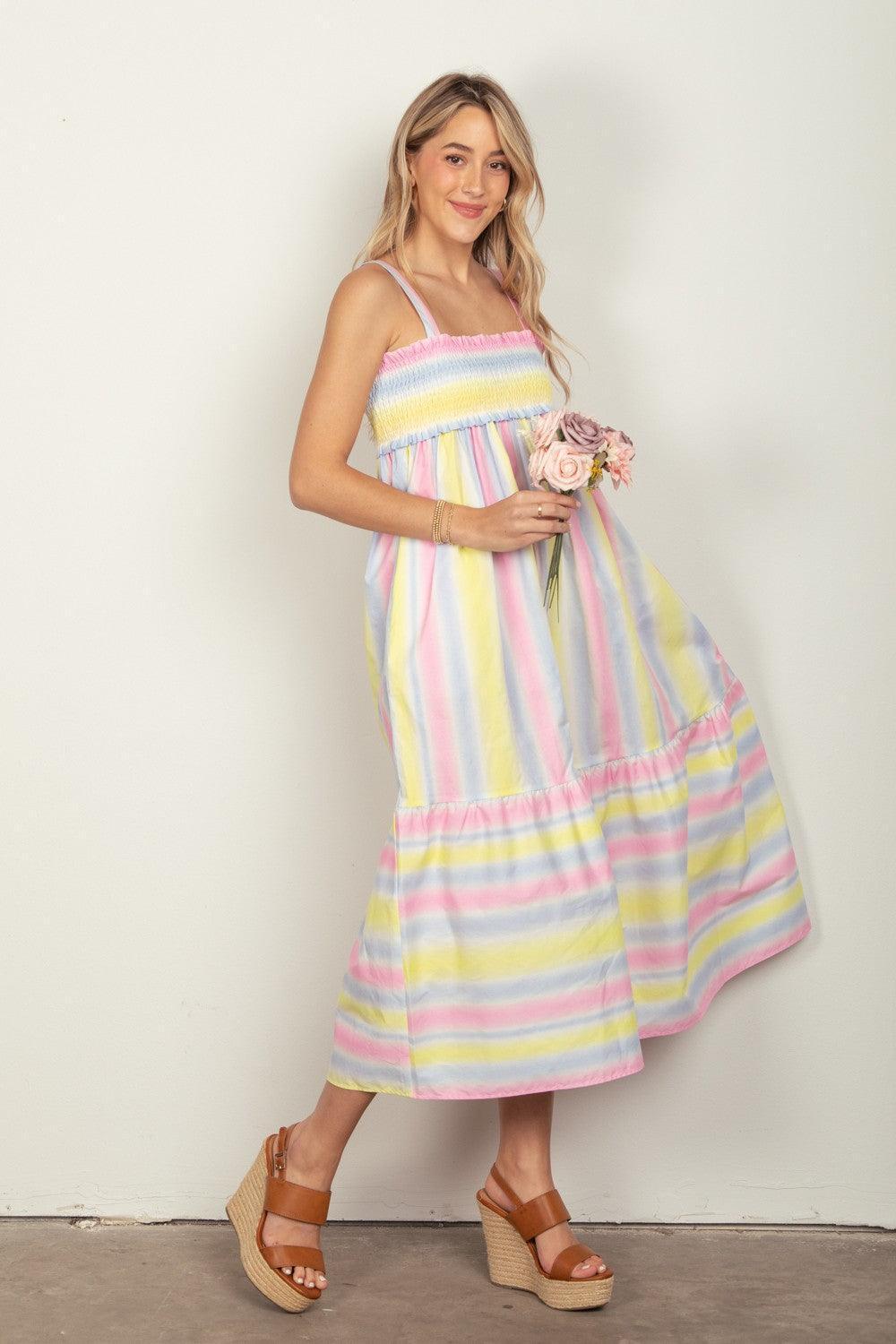 VERY J Striped Woven Smocked Midi Cami Dress - ClubOn