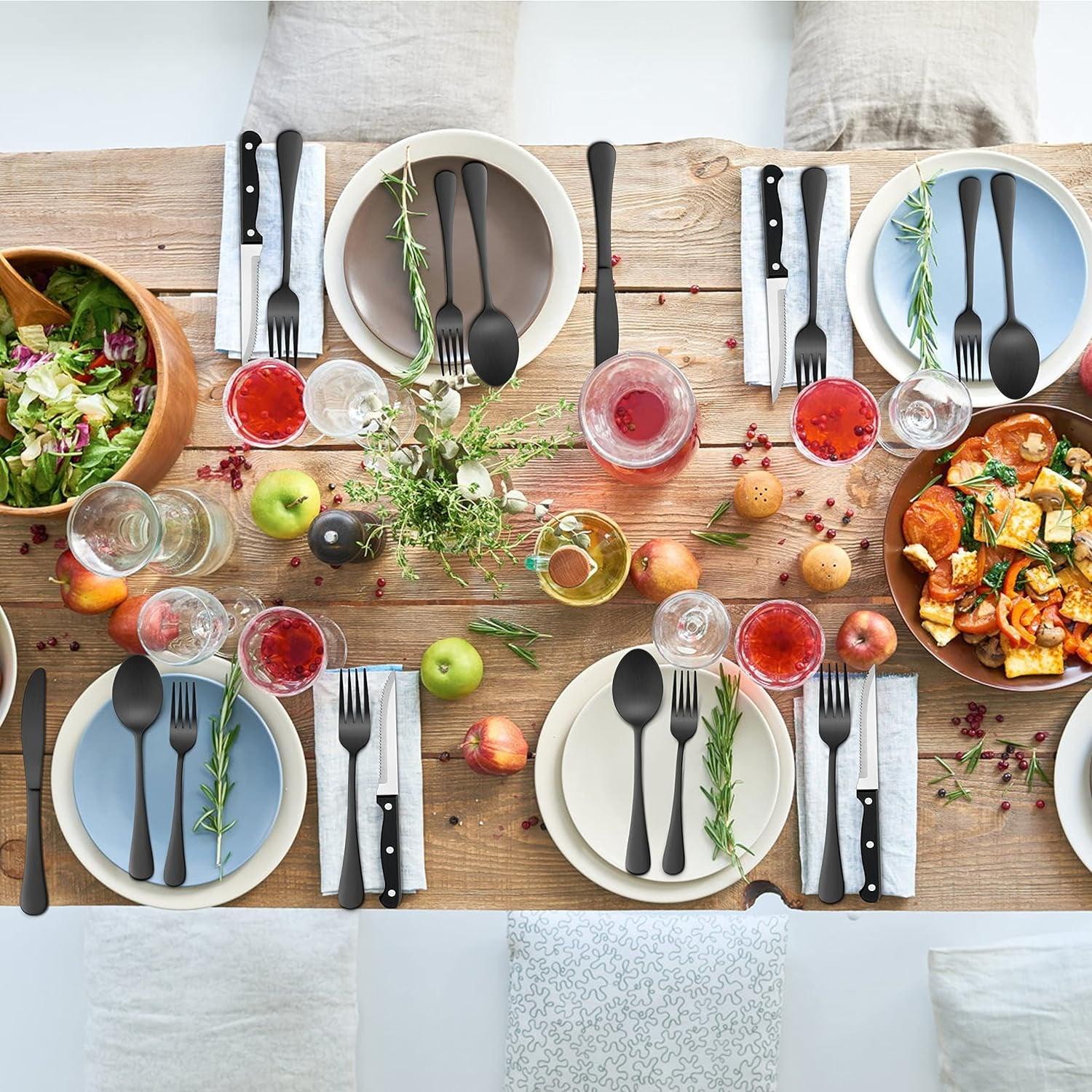 48-Piece Black Silverware Set – Stainless Steel Flatware Cutlery, Spoons, Forks & Knives - ClubOn