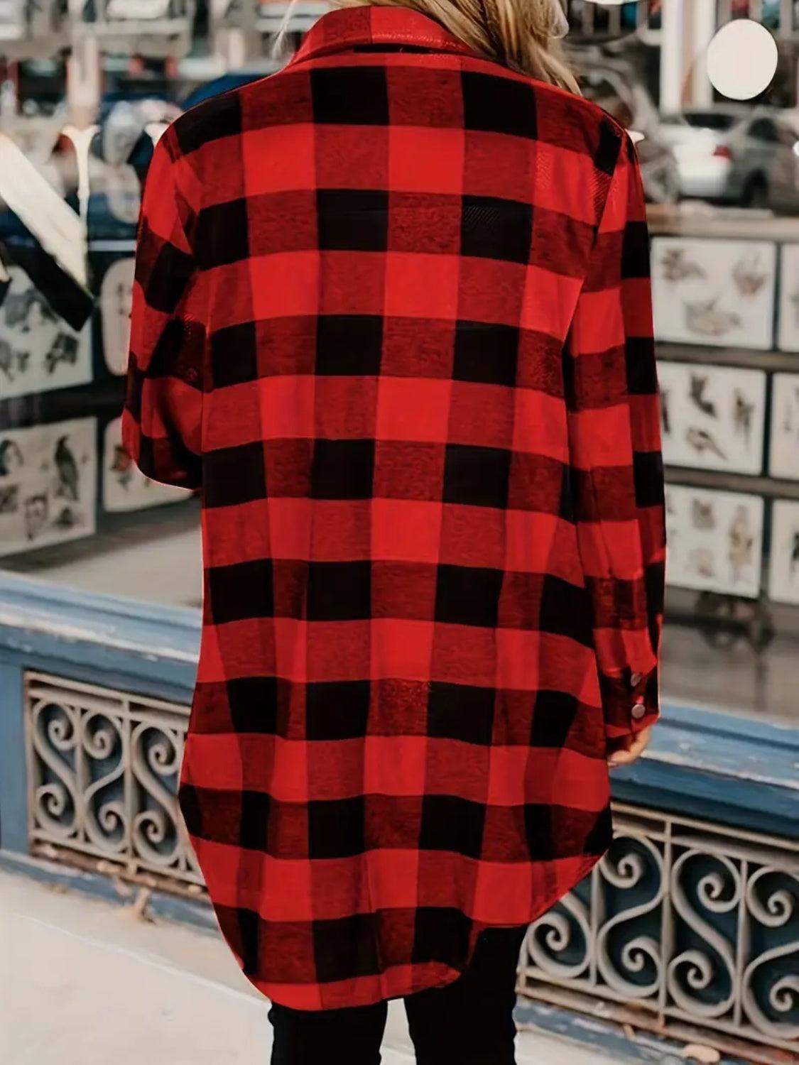 Plaid Collared Neck Snap Down Long Sleeve Jacket - ClubOn