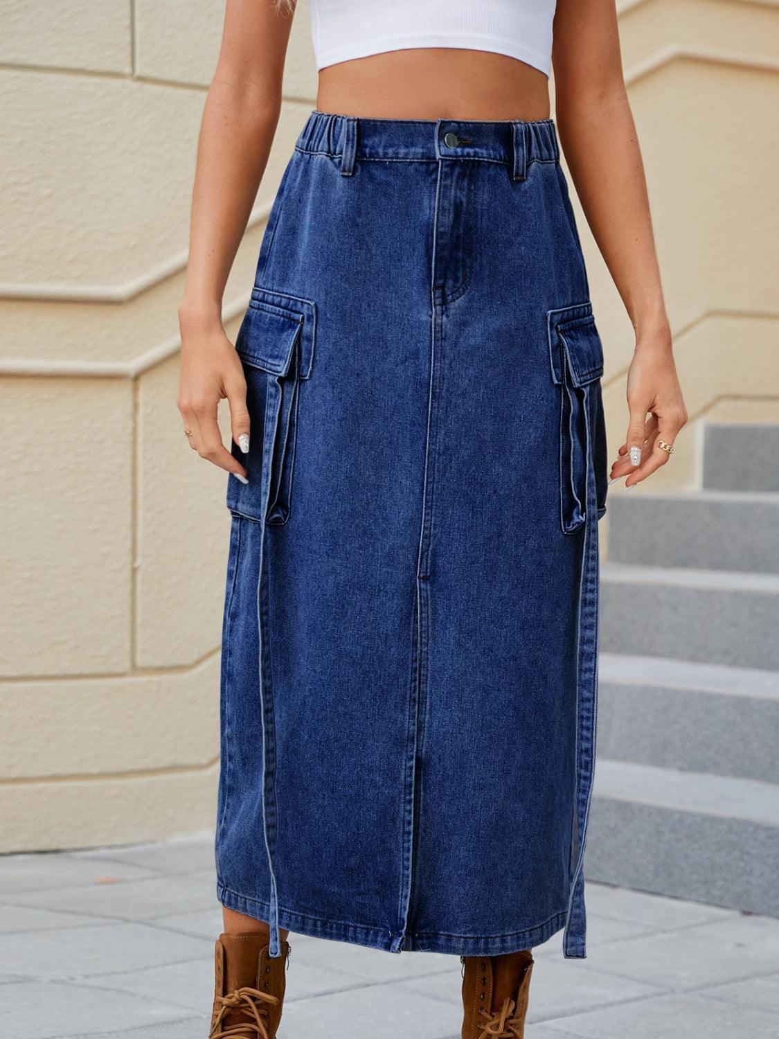 Slit Pocketed High Waist Denim Skirt - ClubOn