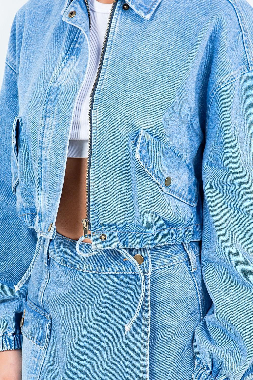 American Bazi Drawstring Waist Crop Denim Jacket - ClubOn