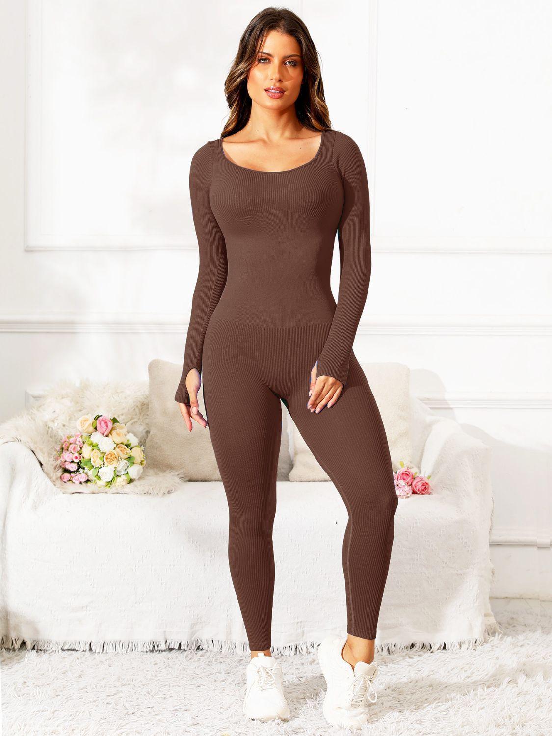 Scoop Neck Long Sleeve Active Jumpsuit - ClubOn