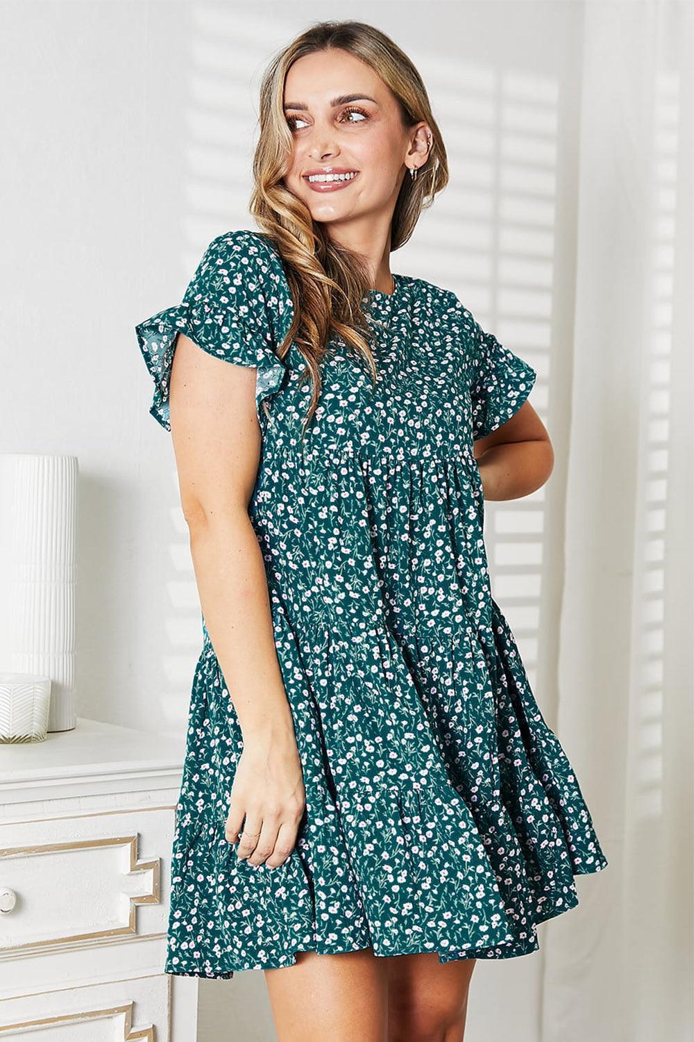 Double Take Short Flounce Sleeve Tiered Dress - ClubOn