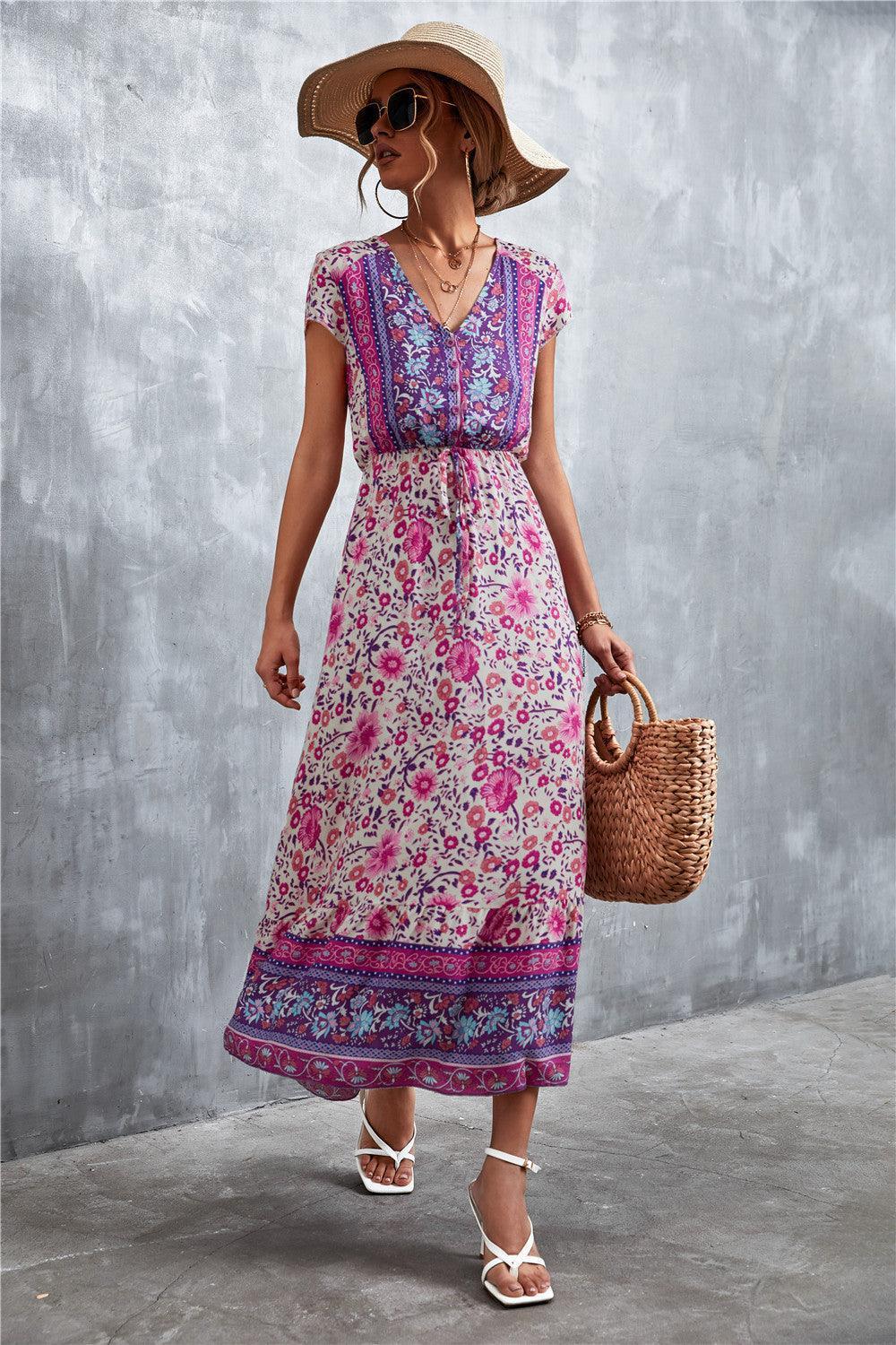 V-Neck Short Sleeve Printed Maxi Dress - ClubOn