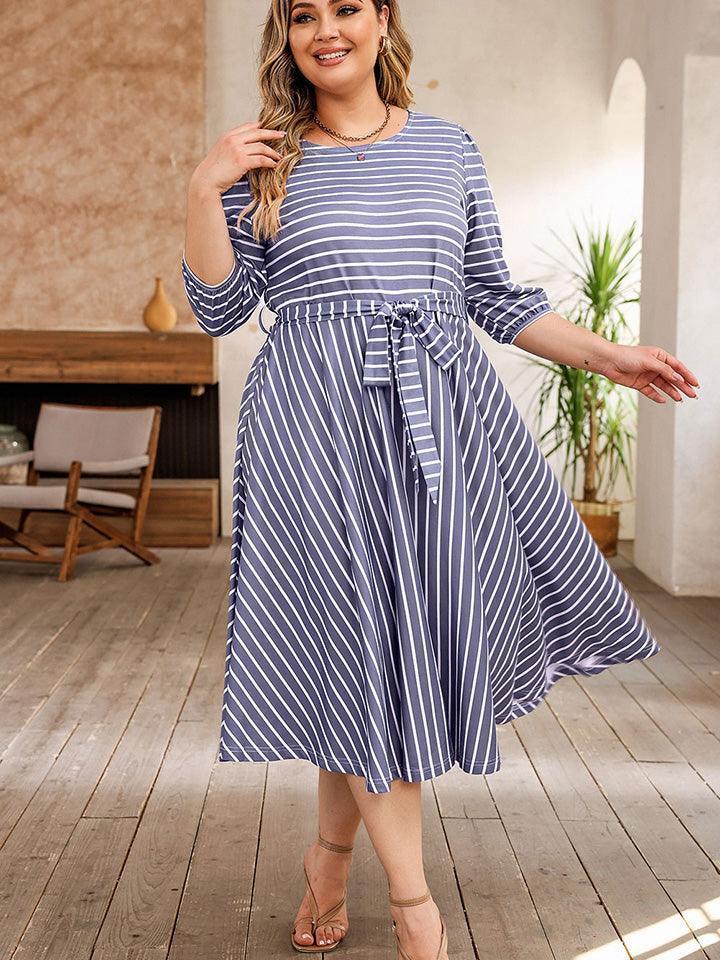 Plus Size Round Neck Striped Tie Waist Dress - ClubOn