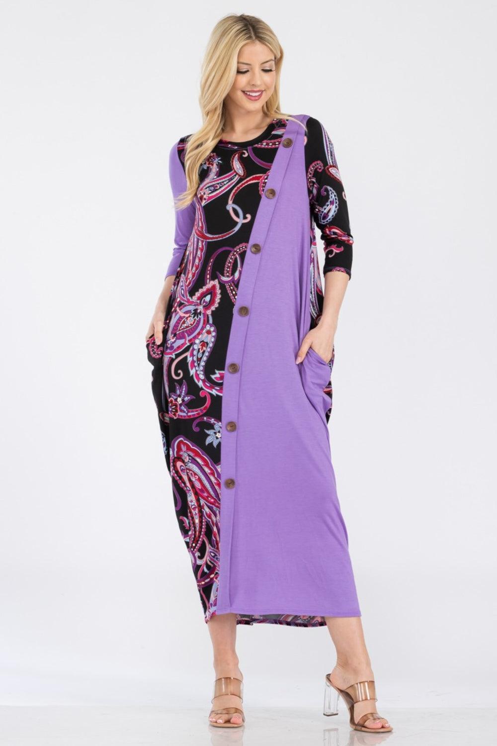 Celeste Full Size Paisley Contrast Midi Dress with Pockets - ClubOn