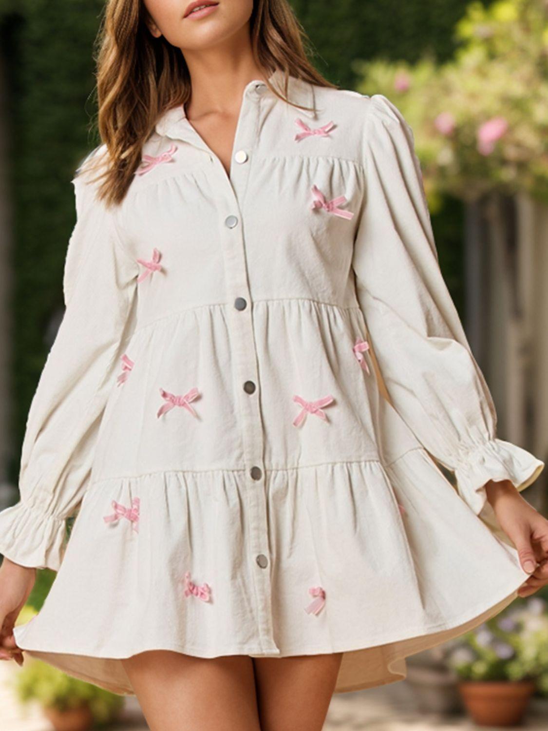 Collared Neck Flounce Sleeve Mini Dress - ClubOn