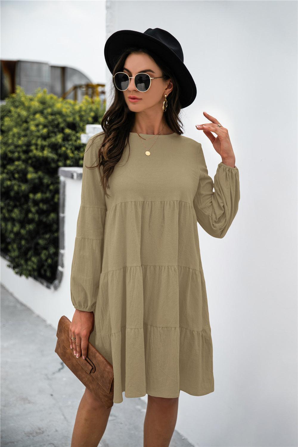 Balloon Sleeve Keyhole Tiered Dress - ClubOn
