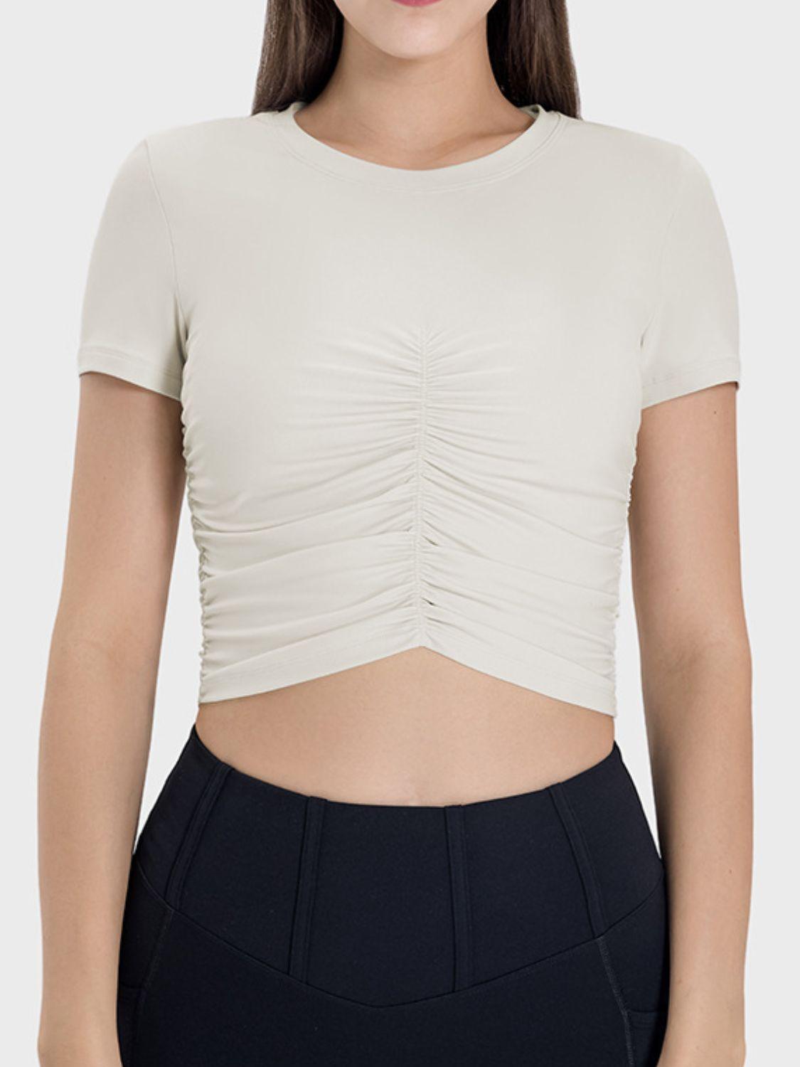 Millennia Ruched Round Neck Short Sleeve Active T-Shirt - ClubOn