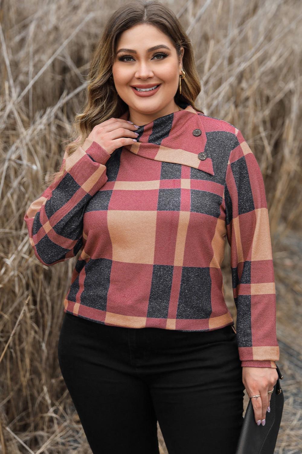 Plus Size Plaid Cowl Neck Long Sleeve Sweatshirt - ClubOn