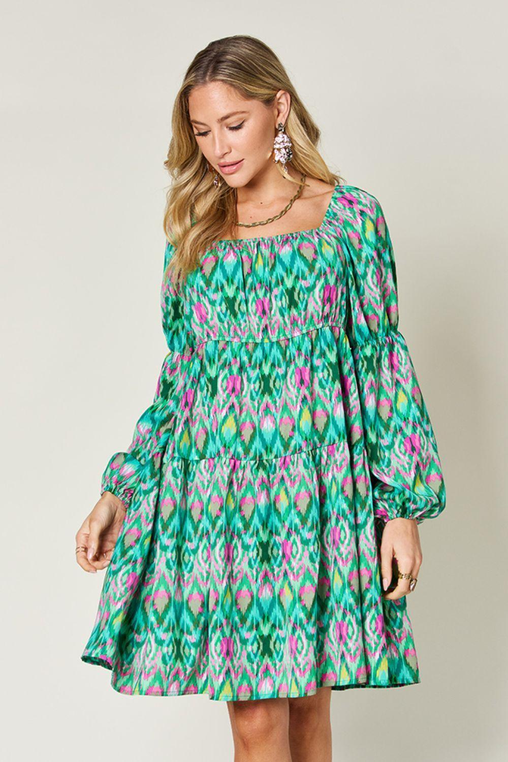 Double Take Full Size Printed Long Sleeve Dress - ClubOn
