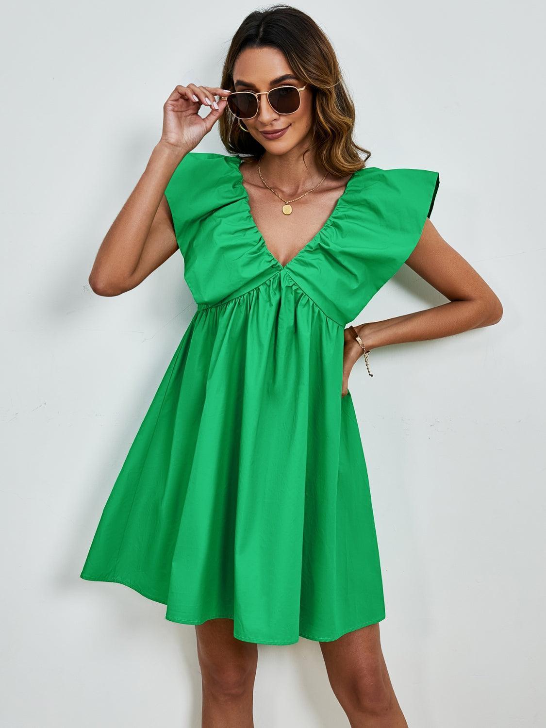 V-Neck Cap Sleeve Mini Dress - ClubOn